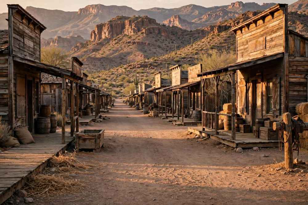 Historic western storefronts on the main street of Pioneertown near Joshua Tree
